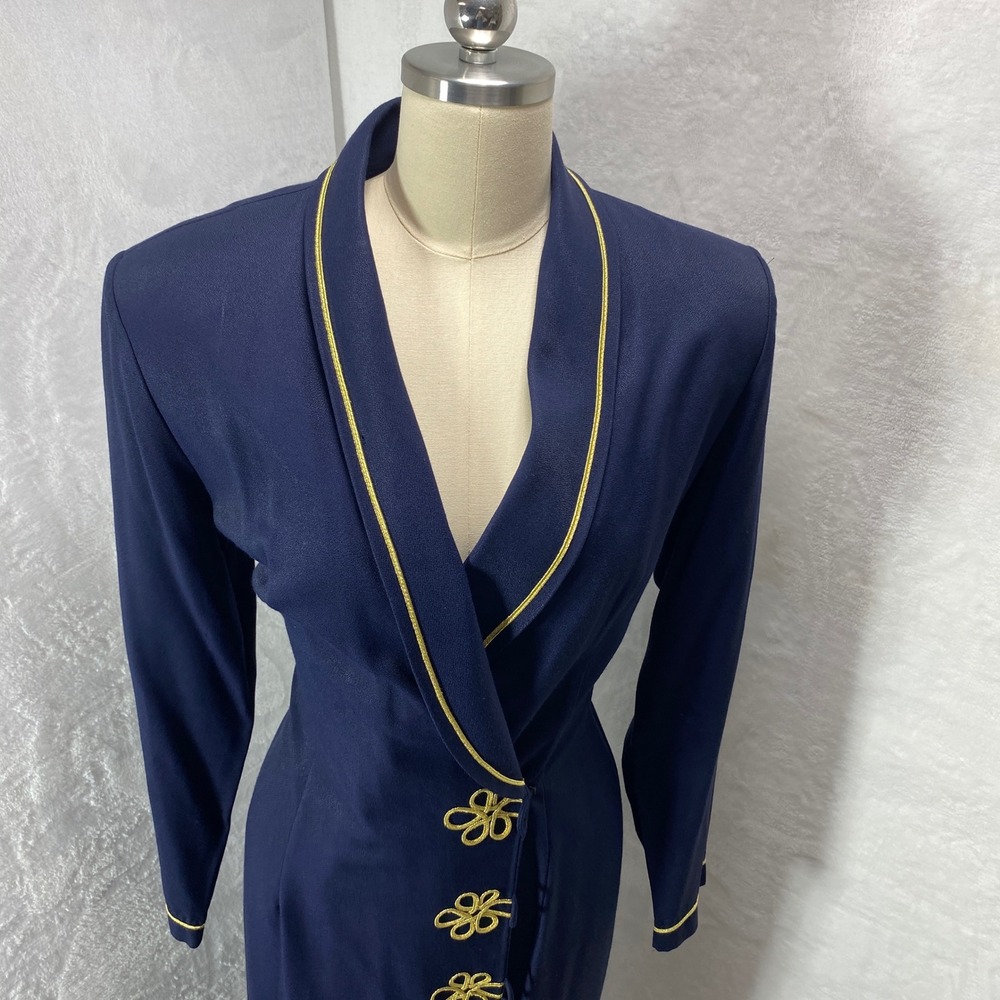 VTG  Stunning John Roberts Navy Blue Gold‎ Trimmed Tuxedo Dress Professional 10 - Picture 2 of 16